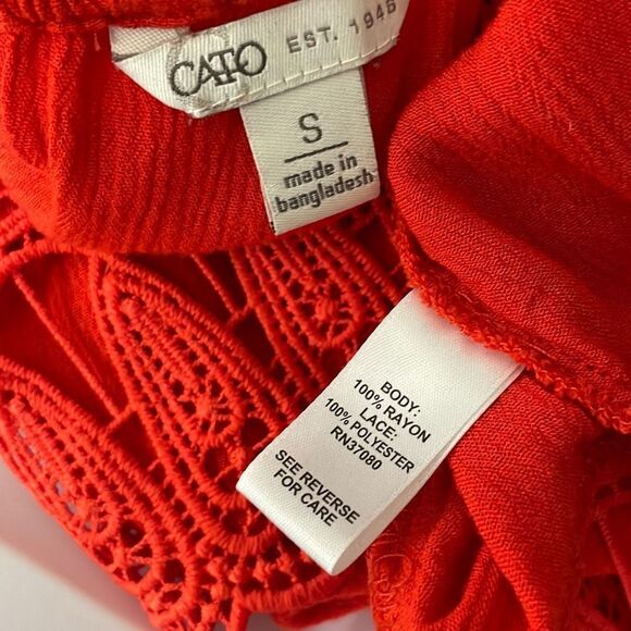 Cato Bright Orange Gauze Embroidered Lace Trim Tie Neck Top S - Picture 8 of 9